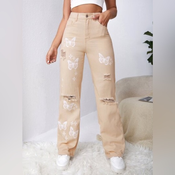 SHEIN Tan Boot Cut Jeans with White Butterfly Design - Picture 1 of 7